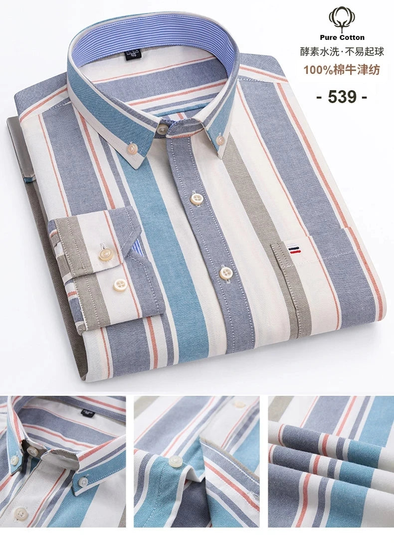 New 100% Cotton Oxford Men Shirts Long Sleeves Plaid Soft Regular Fit Formal Dress Shirt Pocket Social Blouse Male Clothes S-7XL