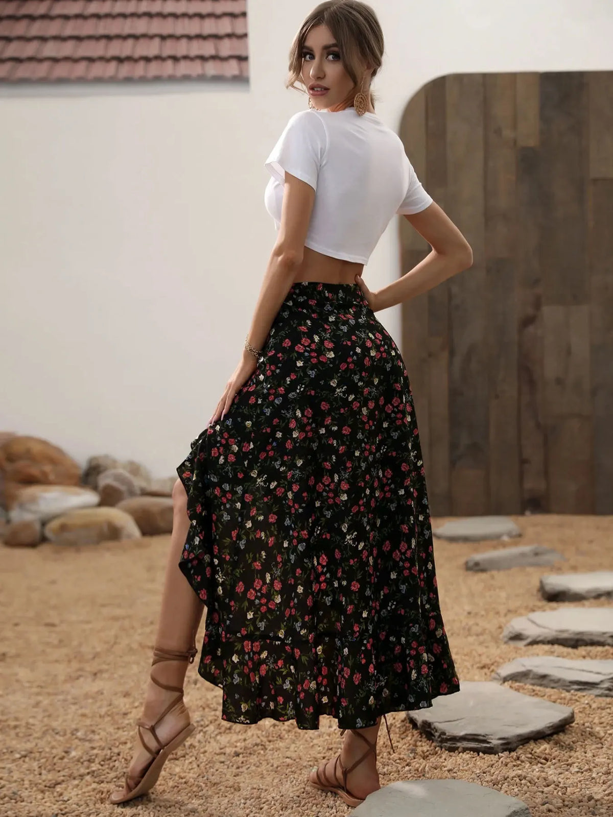 Ladies Floral High Waist Asymmetrical Hem Mid-Length Split Skirt Casual Holiday Fashion Spring Summer Polyester Fabric Elegan...