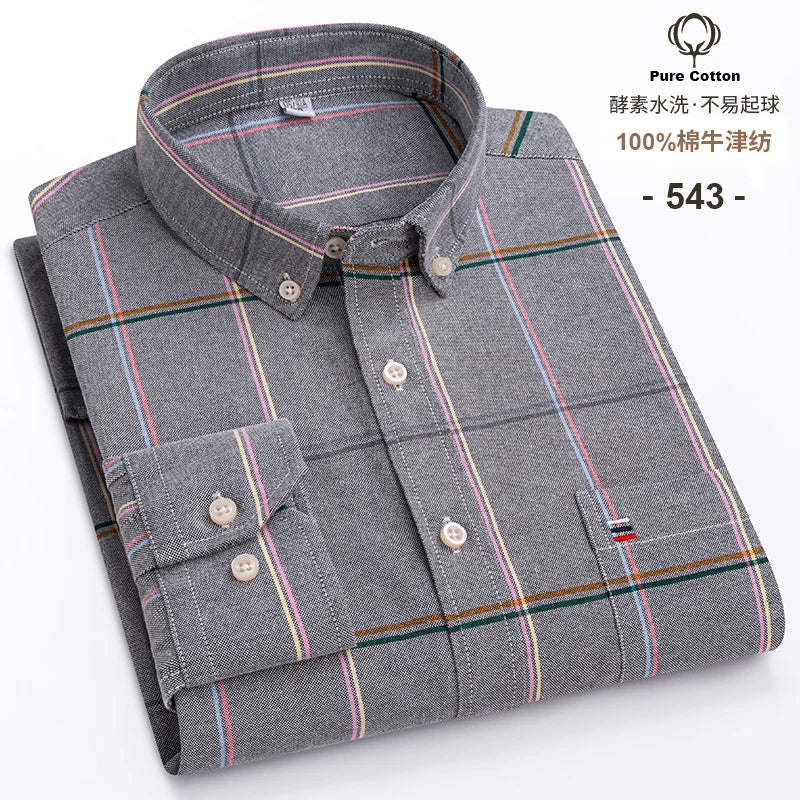 Men's 100% Cotton Oxford Plaid Dress Shirt - Long Sleeve Slim Fit