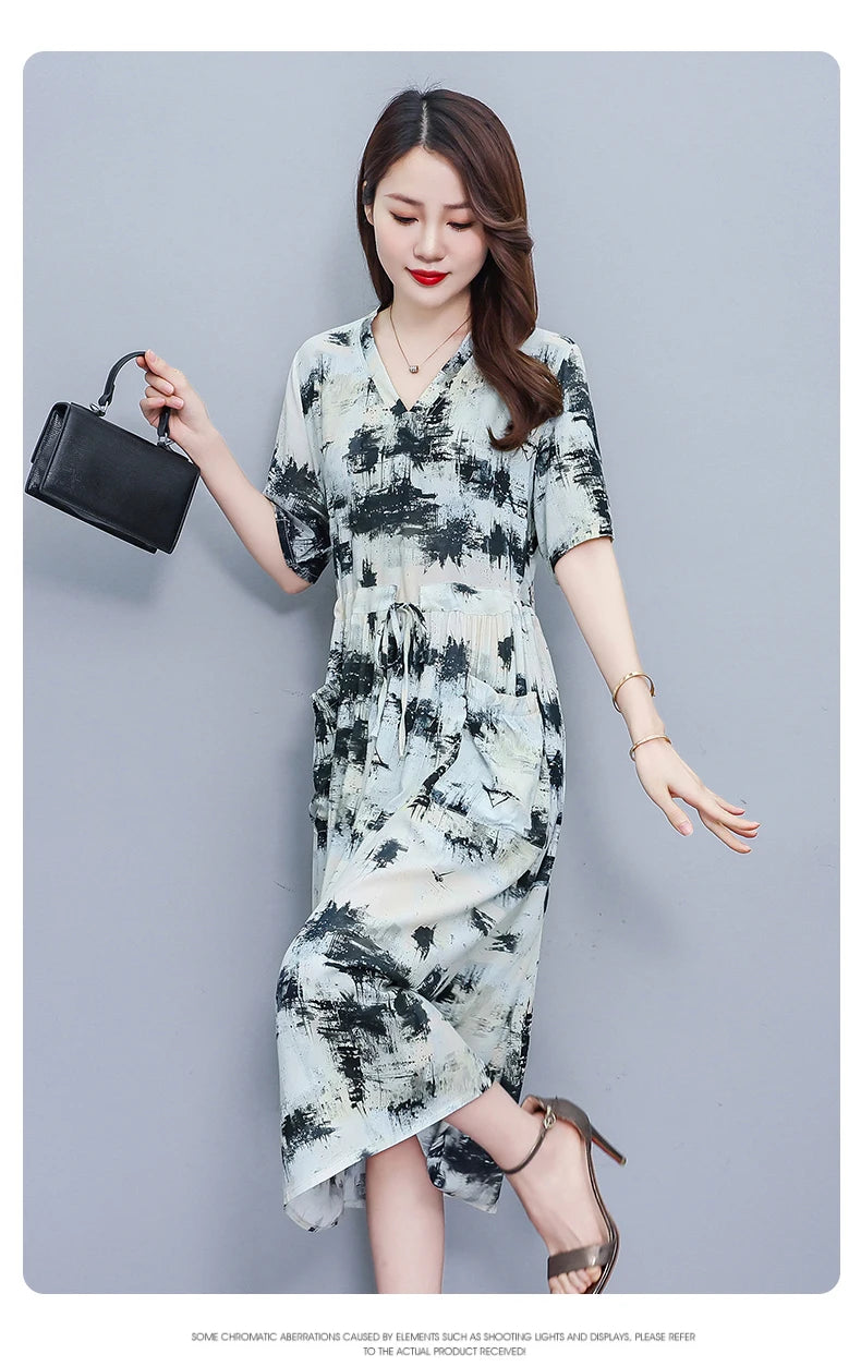 New Fashion 2025 Summer dresses For Women V-Neck Plus Size Woman Cothing Loose Short Sleeve Women Print Dresses