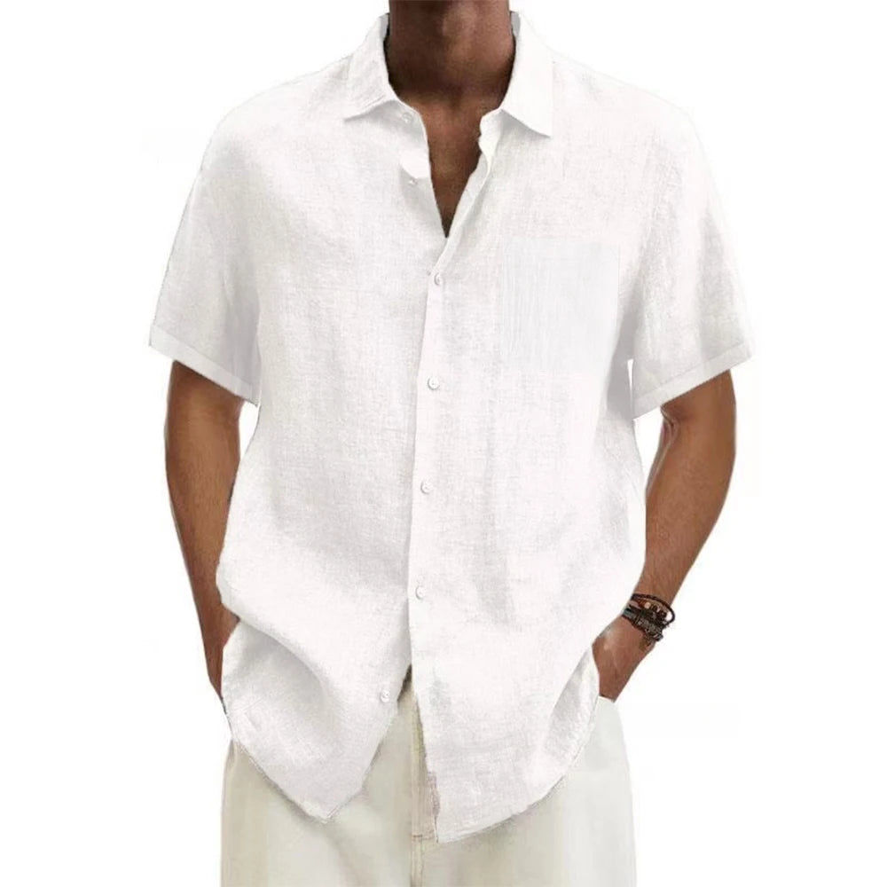 Men Cotton Linen  Men'S Short-Sleeved Shirts Summer Solid Color Turn-Down Collar Casual Beach Style Plus Size Tops