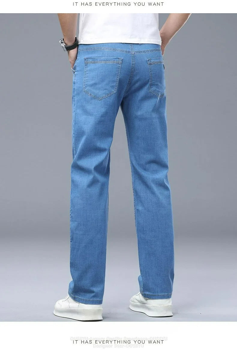 Summer Thin Men's Elastic Cotton Jeans Fashion Business Straight Casual Denim Pants Male Work Clothes Slim Trousers Plus Size 40