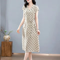 Cotton and Linen Dress French Polka Dot Print Fashion Long Skirt Summer New V-neck Casual Lace-up A-line Skirt