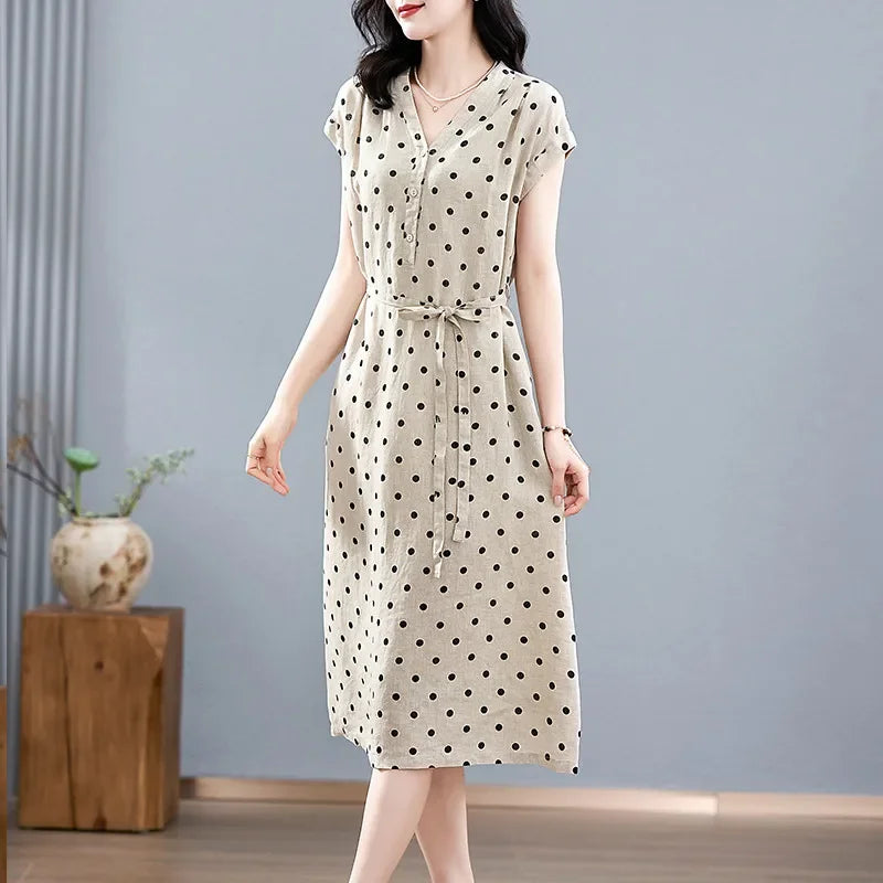 Cotton and Linen Dress French Polka Dot Print Fashion Long Skirt Summer New V-neck Casual Lace-up A-line Skirt