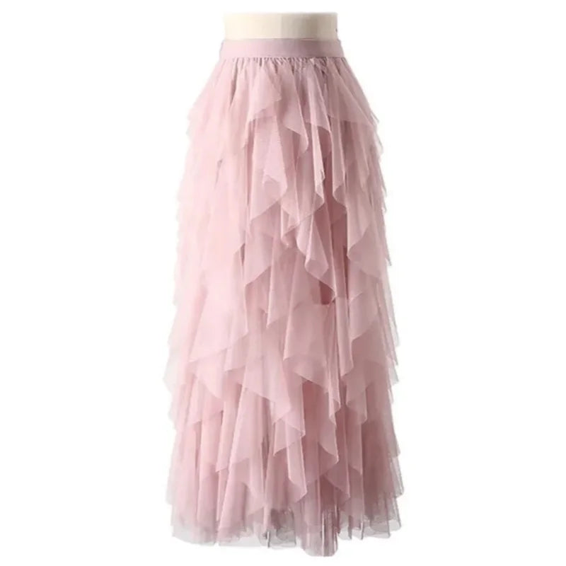 Womens Elastic High Waist Tulle Mesh Irregular Tutu Skirt Gauze Skirt Spring and Summer New Pleated A-Line Skirt in the Long Hi