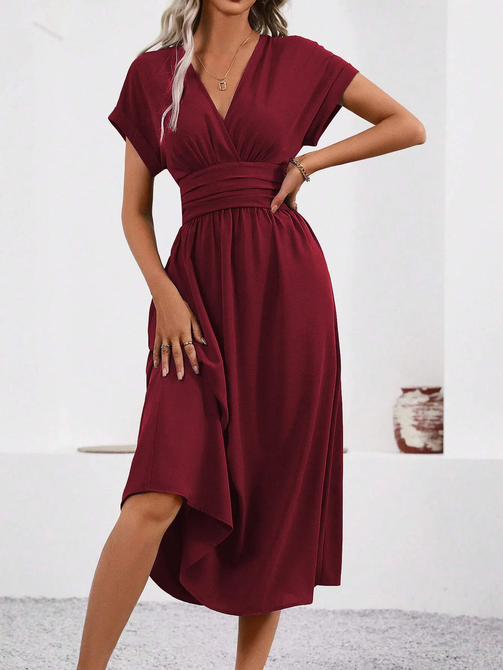 Woman Clothing Tops Skirts Y2k Clothes Dresses 2026 Woman Summer Solid-Color V-Neck Batwing-Sleeve Pleated Long Elegant Dress