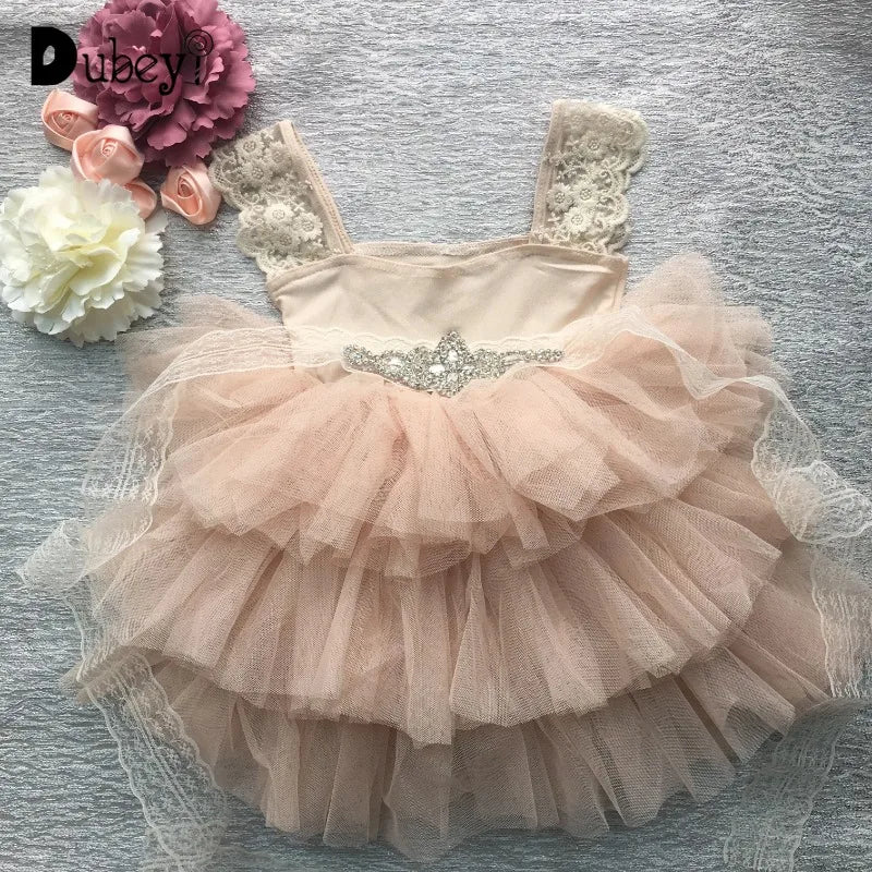 Flower Girl Lace Tulle Dress Elegant Princess Weddings Birthday Party Costumes for 3m To 7y Girls Baptism Festival Ball Gown
