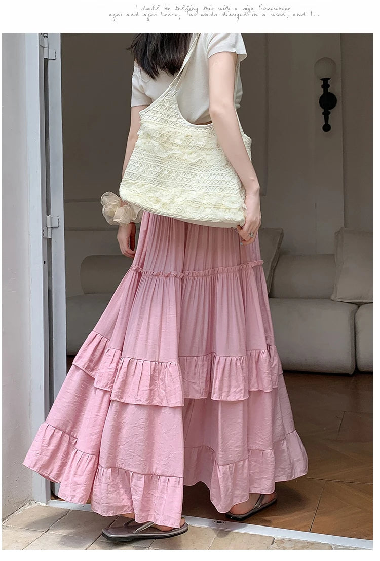 White Tiered Ruffle Hem Skirt 2025 - High Waist Flowy A-Line Maxi Skirt, Summer Chiffon Layered Skirt with Pleats