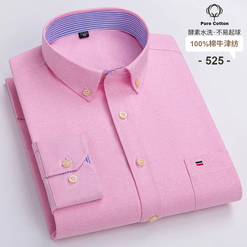 Pure Cotton Oxford Mens Shirt Long Sleeve Casual Plain Solid Regular Fit Classic Dress Shirt For Men