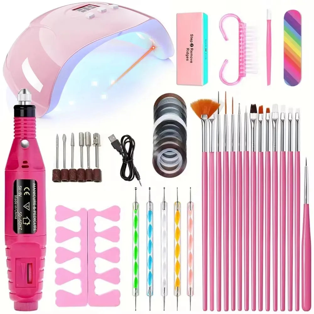 LINMANDA Kit profesional de taladro eléctrico USB para uñas con lima y pulidor, lámpara de uñas UV LED, secador de manicura en gel, kit de inicio de acrílico