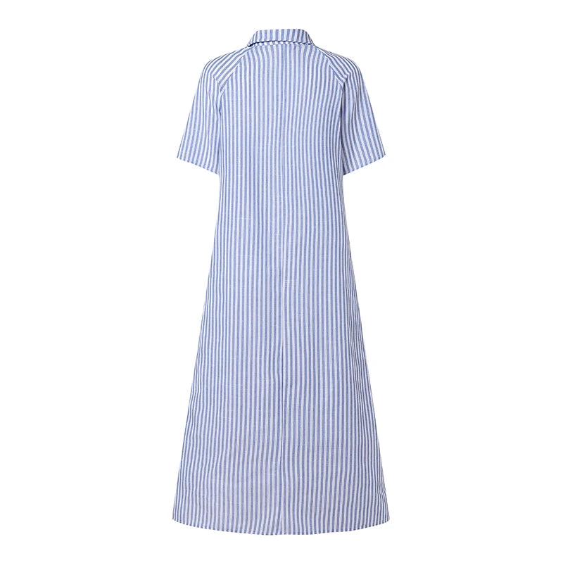 Women Summer Sundress ZANZEA Stylish Lapel Neck Striped Dress Elegant Short Sleeve Ruffled Hem Work Midi Dresses Baggy Robe 2026