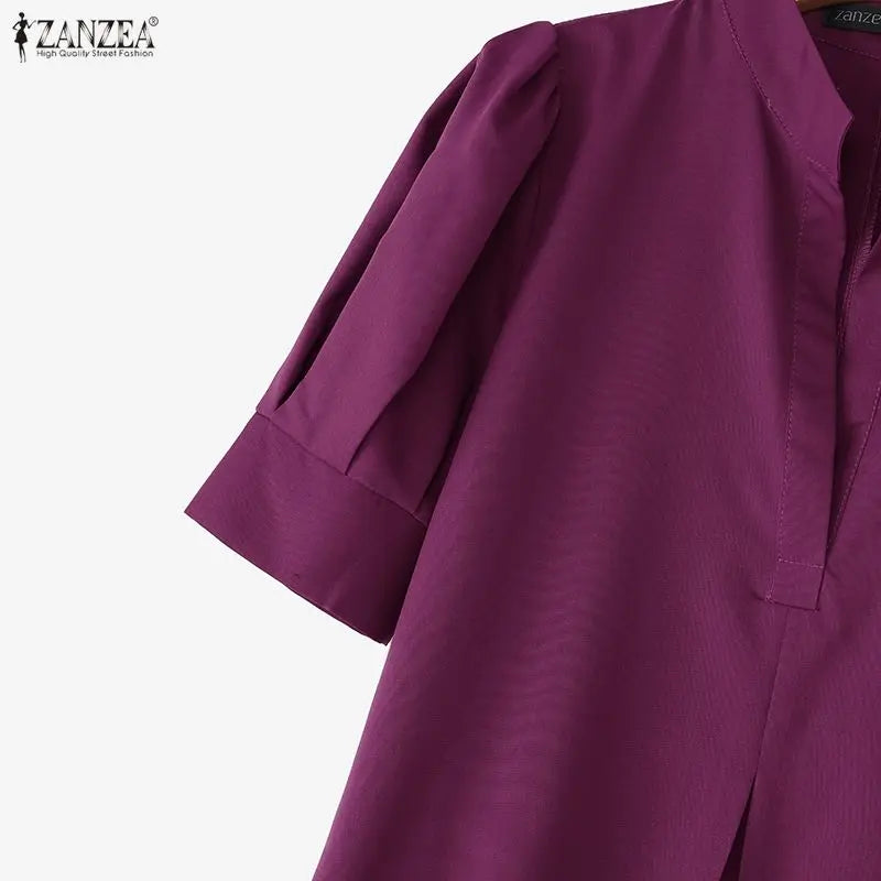 Women Casual A-Line Midi Dress Stand Collar Half Puff Sleeves Solid Color Loose Dresses ZANZEA Minimalist Daily Wear Vestidos