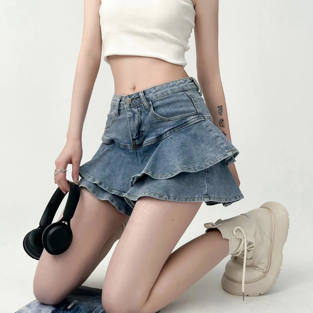 Summer Women High Waist Denim Cake Skirt A-Line Bodycon Mini Skort Casual E-Girl Street Skirt