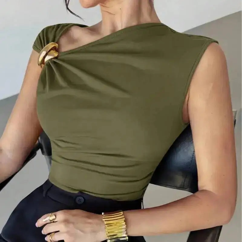 Women Solid Color Short Sleeved Top Summer Asymmetrical Slanted Collar Slimming Vest Elegant Comfortable And Breathable Vest