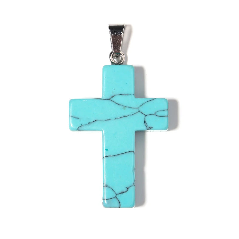 Natural Stone Cross Charm With Metal Loop Tiger Eye Opal Jewelry Prayer Pendant Necklace Making Accessories Diy Components