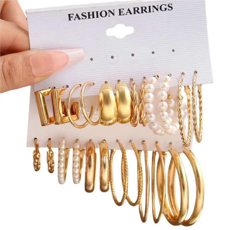 14K Gold C-Shaped Stud Earring Set (12 Pairs)
