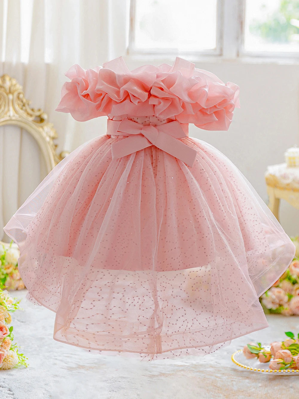 HETISO Tulle Princess Party Dress for Kids Flower Girl Graduation Pageant Birthday Wedding Bridesmaid Child Costume Prom Gown
