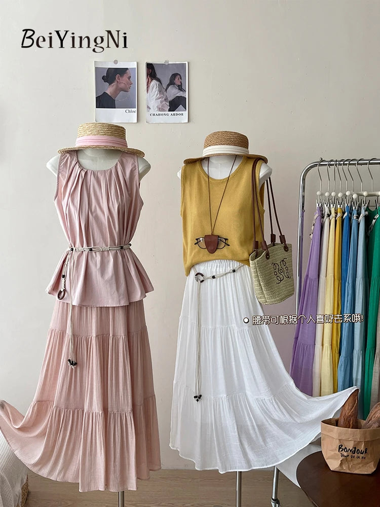 Beiyingni 2025 Summer French Women's Linen Cotton Maxi Skirts Casual Vintage Sashes Korean Long Cake Skirt Female Boho Vacation