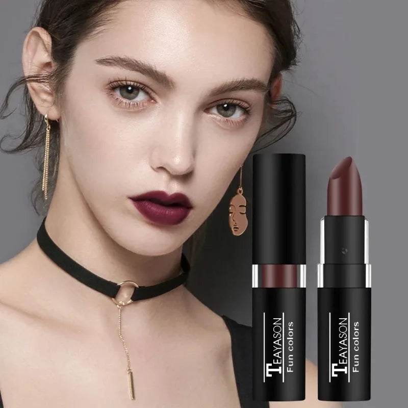 12 Colors Nude Lipstick Matte Velvety Vampire Makeup Punk Black Lip Gloss Smooth Waterproof Lasting Durable Dark Paint Cosmetics