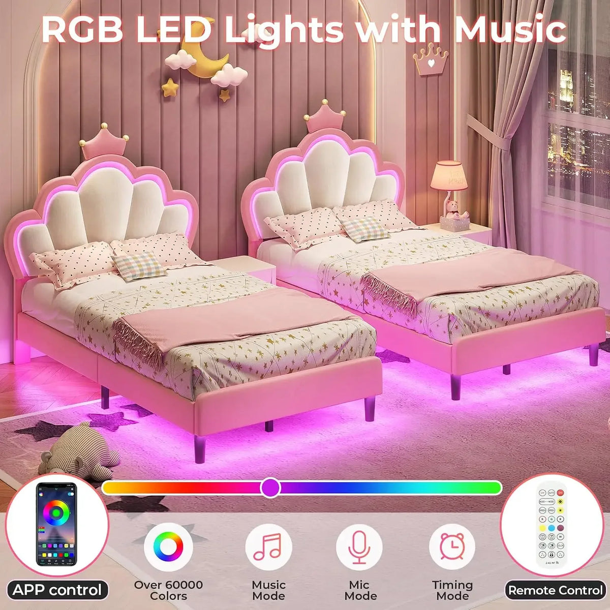 Twin Size Bed Frame with LED Lights, Girls Twin Bed with Princess Crown, LED Velvet Upholstered Platform Bed Frame