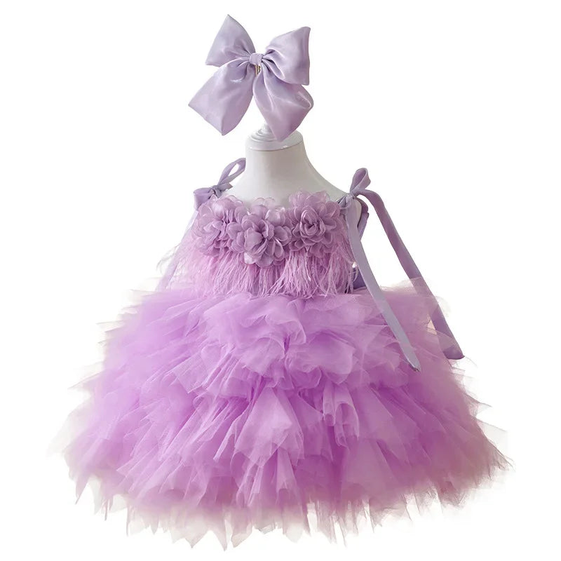 Kids Mesh Party Dress Tutu Elegant Princess Dress Baby Girls Flower Tassel One Year Old Puff Dress Children Costume For A Girl