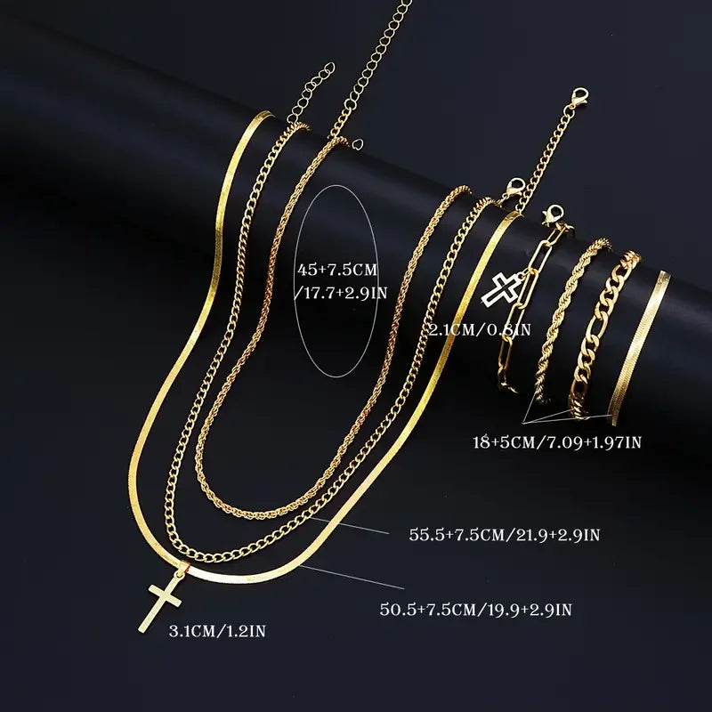 7-Piece Elegant Stainless Steel Minimalist Cross Pendant Jewelry Set For Men Chain Necklace Bracelet Jewelry For Everyday Wear