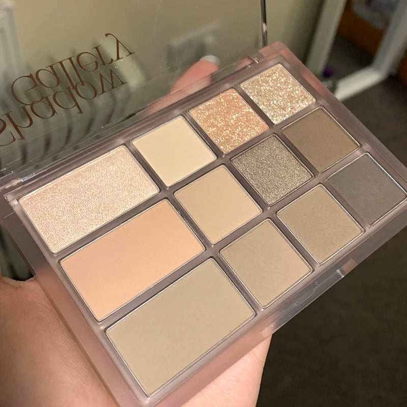 Korean 12Color Pink Brown Eyeshadow Palette With Matte Earth Tones And Pearl Glitter For Everyday Wear