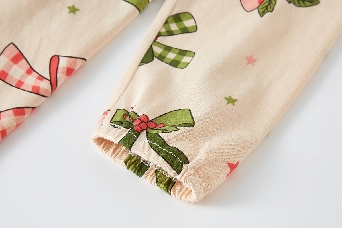 Kids Pajama Set 100% Cotton Soft Star and Bow Full Print Loungewear Long Sleeve Pjs Nightwear for Toddler Girls Age 1-8 Years
