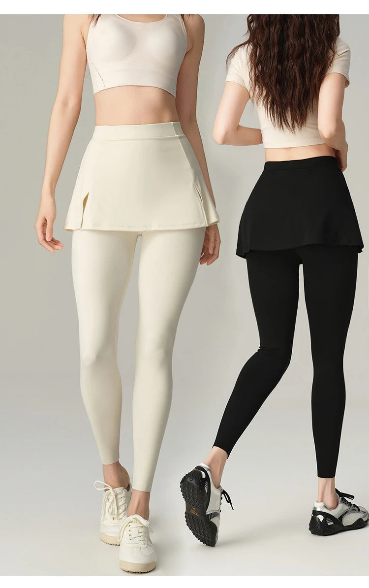 BIVIGAOS Fake Two-Piece Split Skirts Leggings Women Tennis Skirt Built-In Pockets Tight Sports Fitness Yoga Sharkskin Leggings