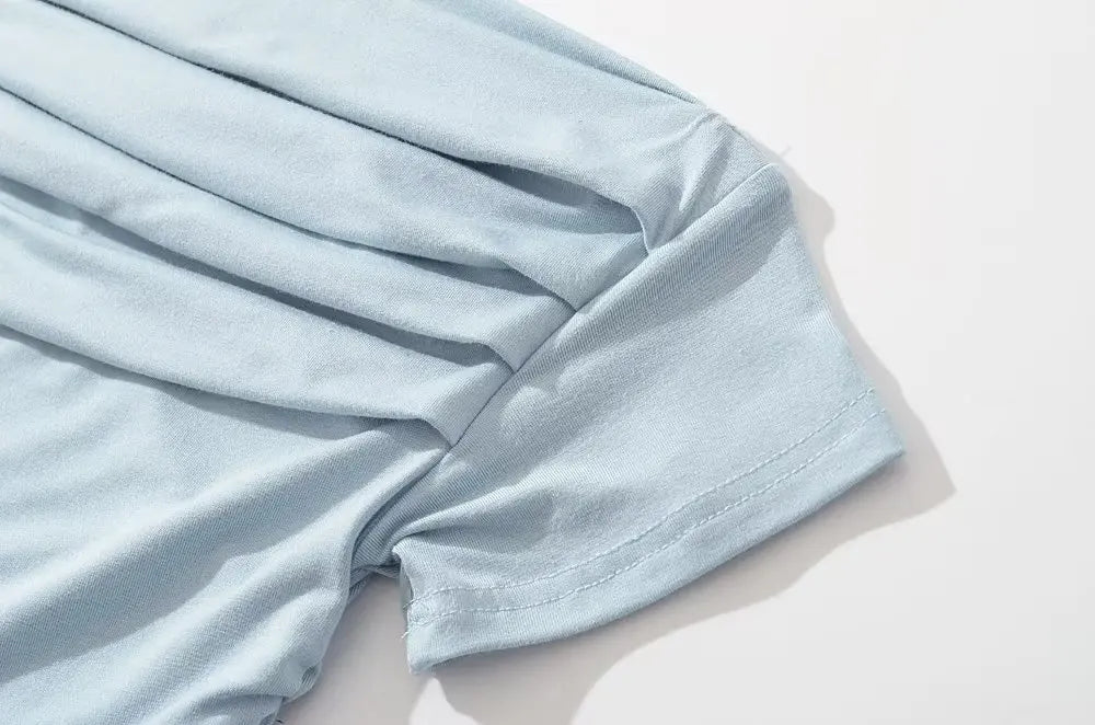 Sexy Spicy Girl Short Sleeve Slim Fit Pleated One Shoulder Base Shirt Street Snap Popular Thinming Street Snap Top for Summer