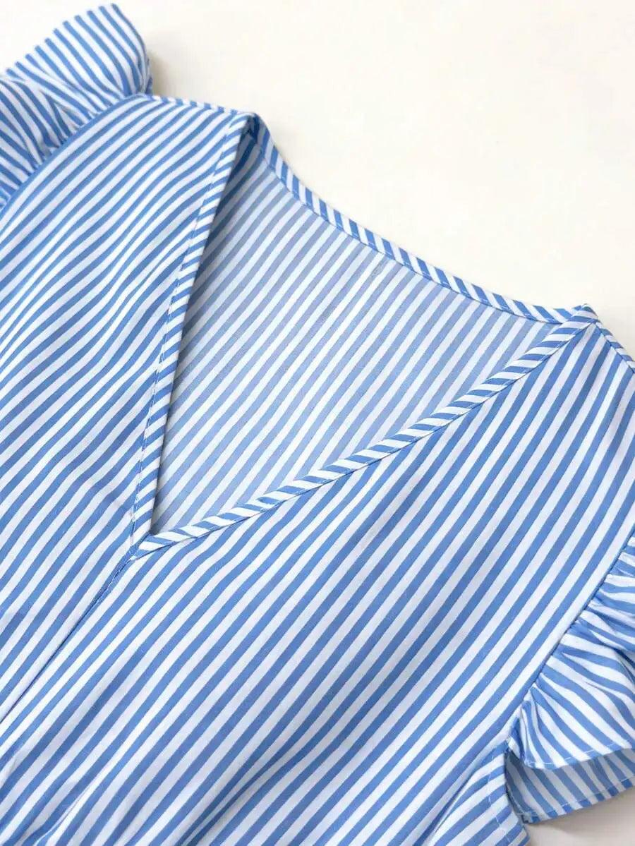 Women's Blue & White Stripe V-Neck Maxi Dress Boho A-Line Casual Fashion Leaf-Edge Summer Beach Vacation Holiday Striped Dress