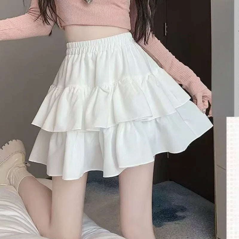 Japanese Y2k Cute Ruffled Plaid Skirt Subculture White Lace Cake Skirts Preppy Casual New Women Princess Puffy Skirts Mini Skirt