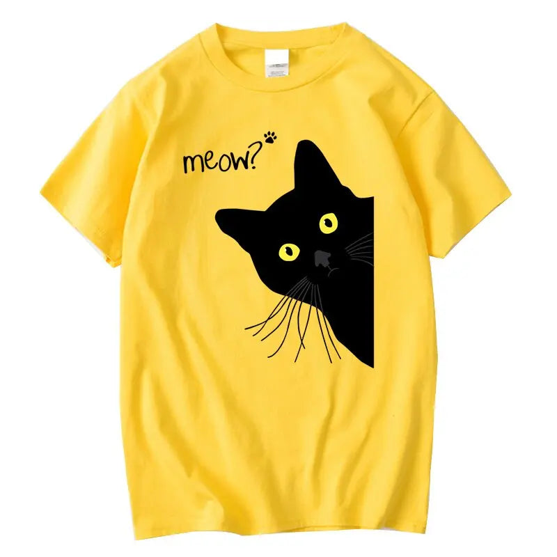 Men'S T-Shirt 100% Cotton Summer Meow Black Cat Print Men T Shirt Casual Loose O-Neck Men Tshirt Short Sleeve T-Shirt Male Tees