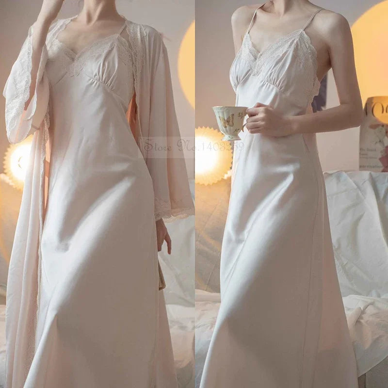 Women's Satin Lace Trim Robe & Nightgown Set – Silky Sleepwear, Sizes M–XL