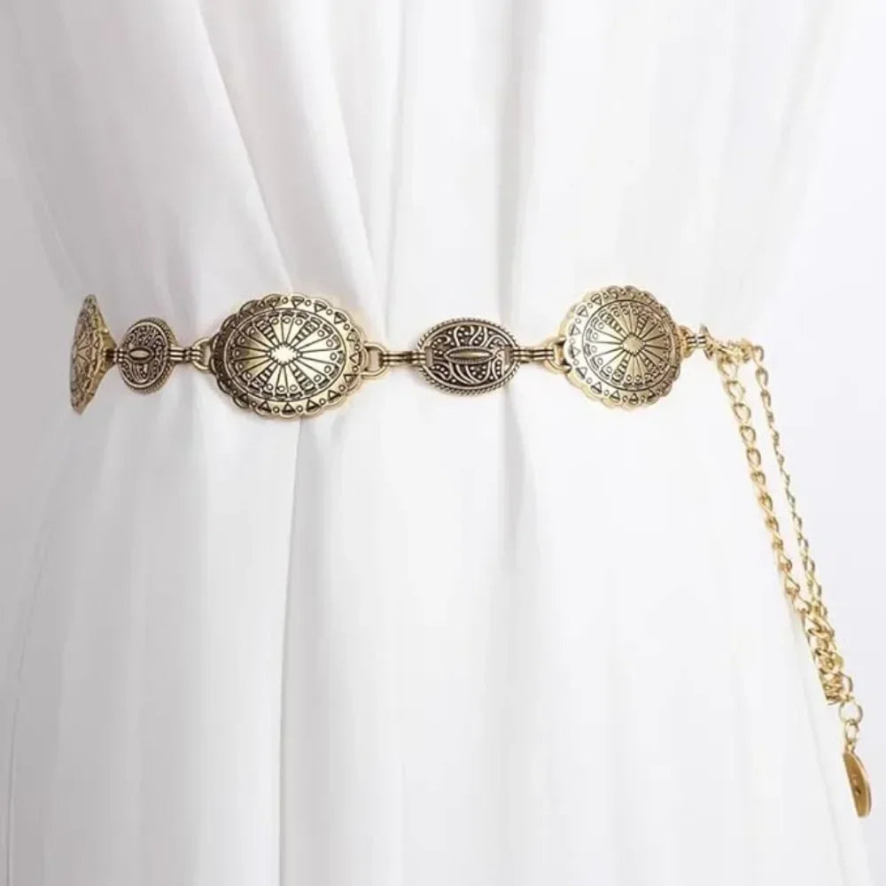 Metal Chain Belt For Women'S Cowgirl Western Country Chain Belts Adjustable Concho Belt For Sweaters Dresses Jeans