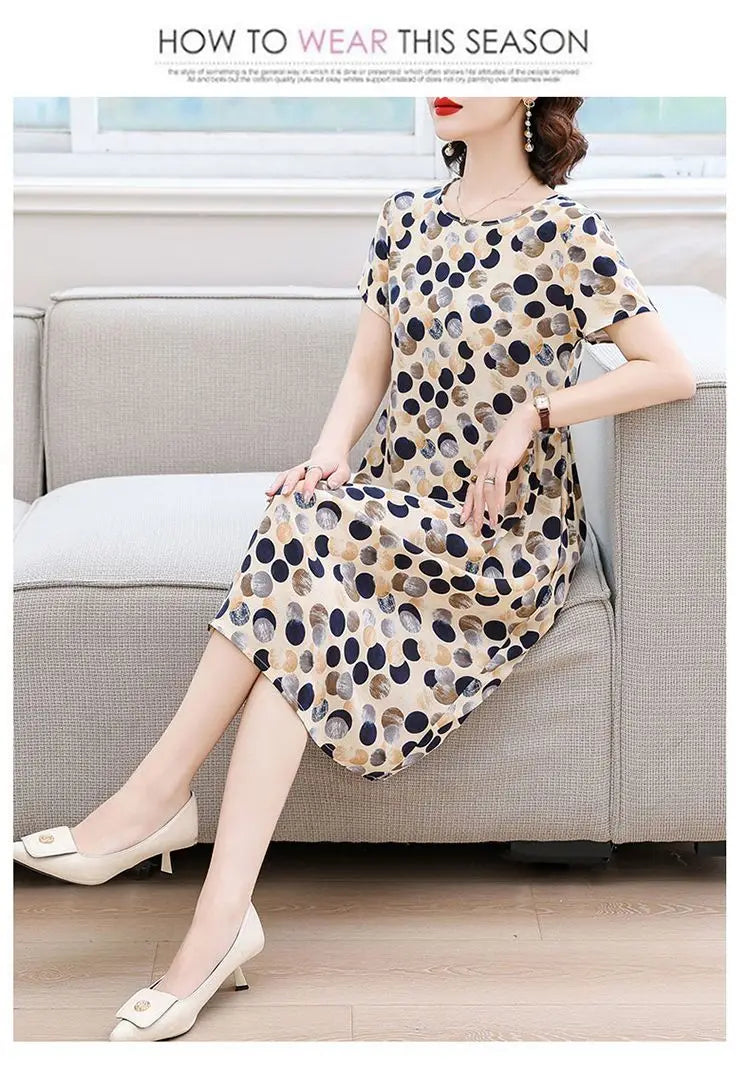 Women Summer Cotton Midi Dress Polka Dot Print Round Neck Short Sleeve Loose Casual Home Outdoor Dress S 4XL