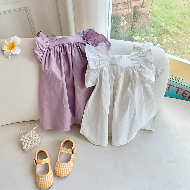 MILANCEL Girls Dresses 2024 Summer Little Fresh Kid's Flare Sleeve A-line Dress Simple Square Collar T-shirt Dress 2-7 Y
