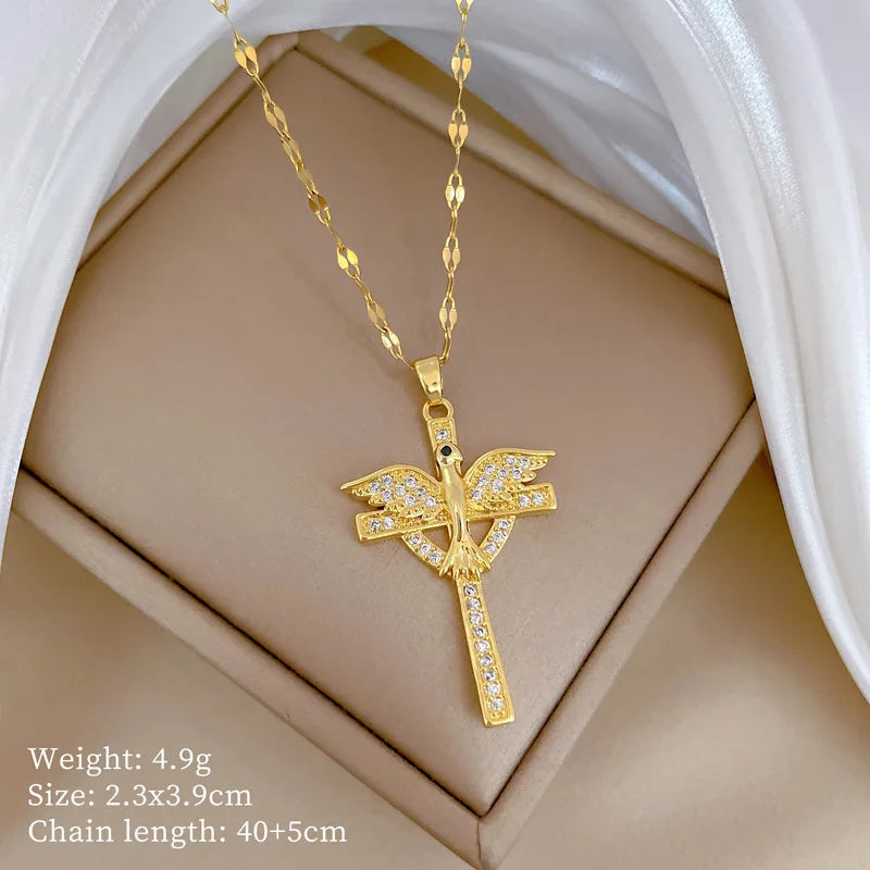 Full Zircon Cross Necklace For Women'S Gold Color Anti-Tarnish Titanium Steel Jewelry
