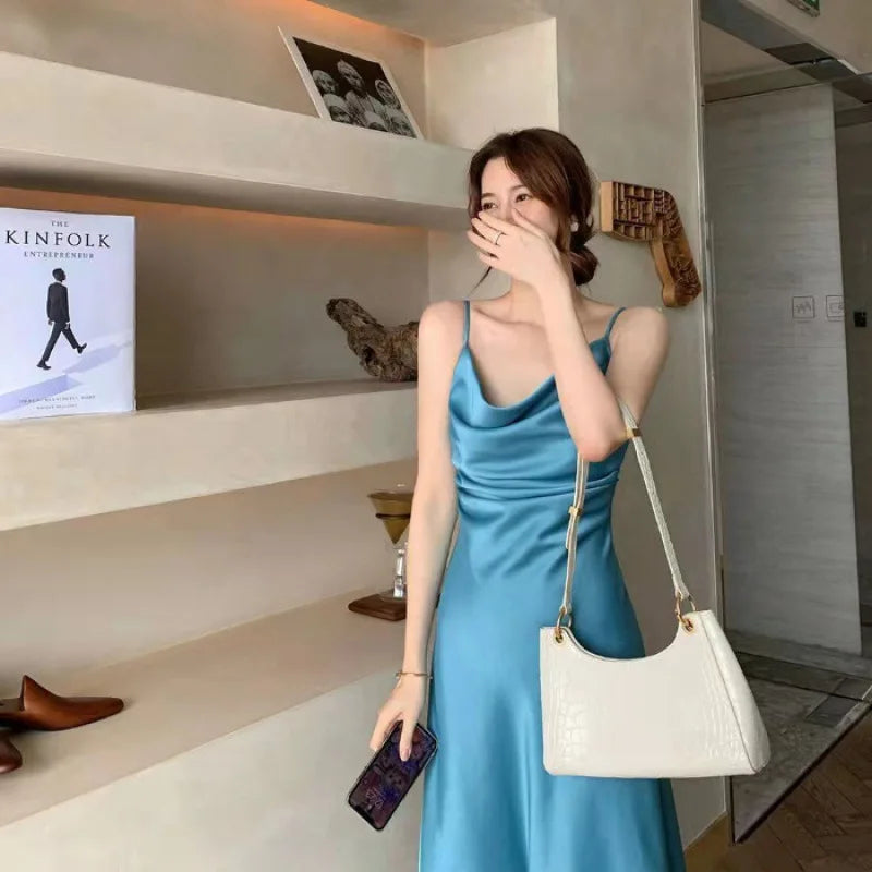 Slimming A-Line Midi Dress Women's Summer 2026 New Style Drapey Strapless Gown Gentle Wind Long Dress Polyester Solid Color