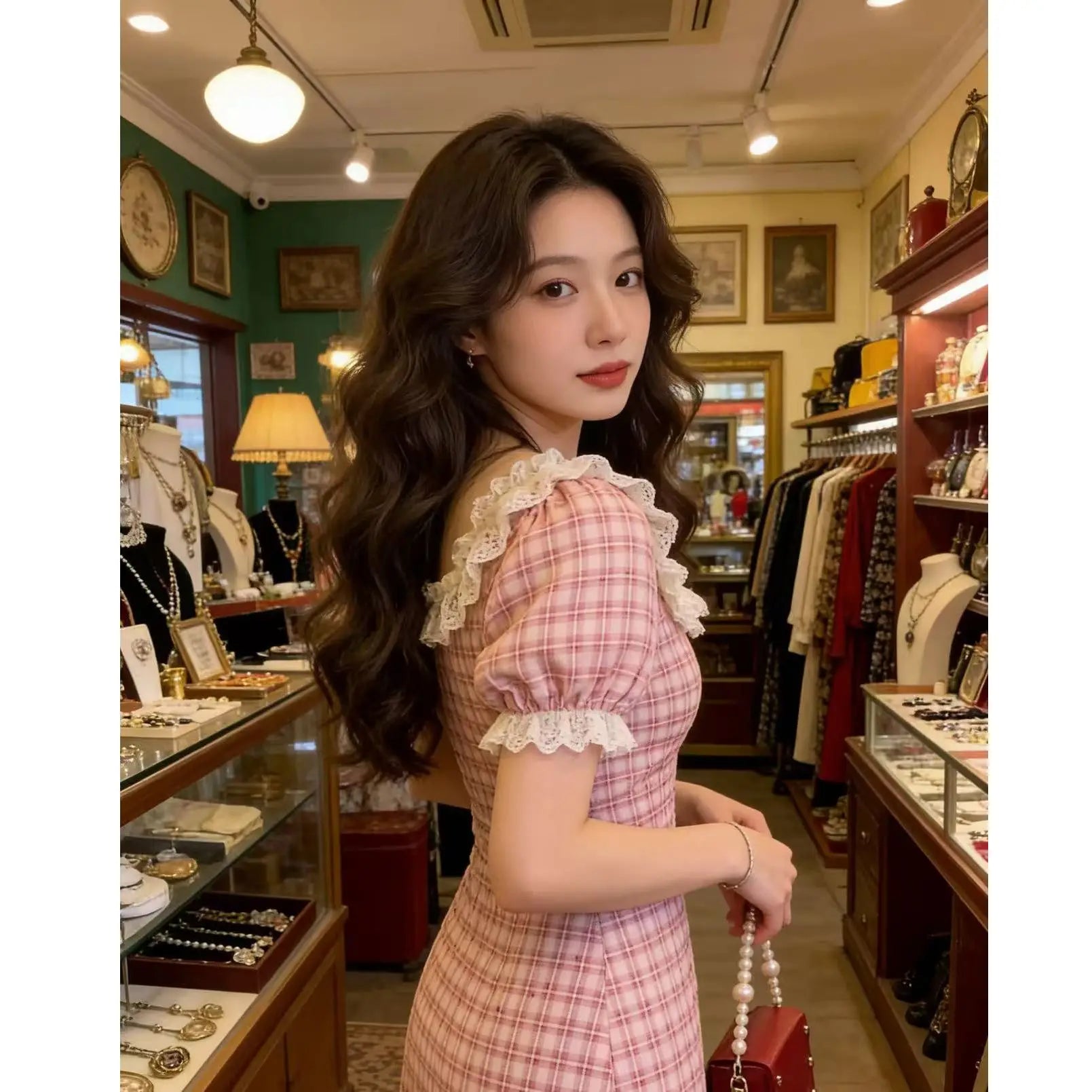 Pink Lace Bubble Sleeve Dress Women's Summer Gentle Style Ultra Beautiful Plaid Slimming Long Dress High Waist A-Line Skirt