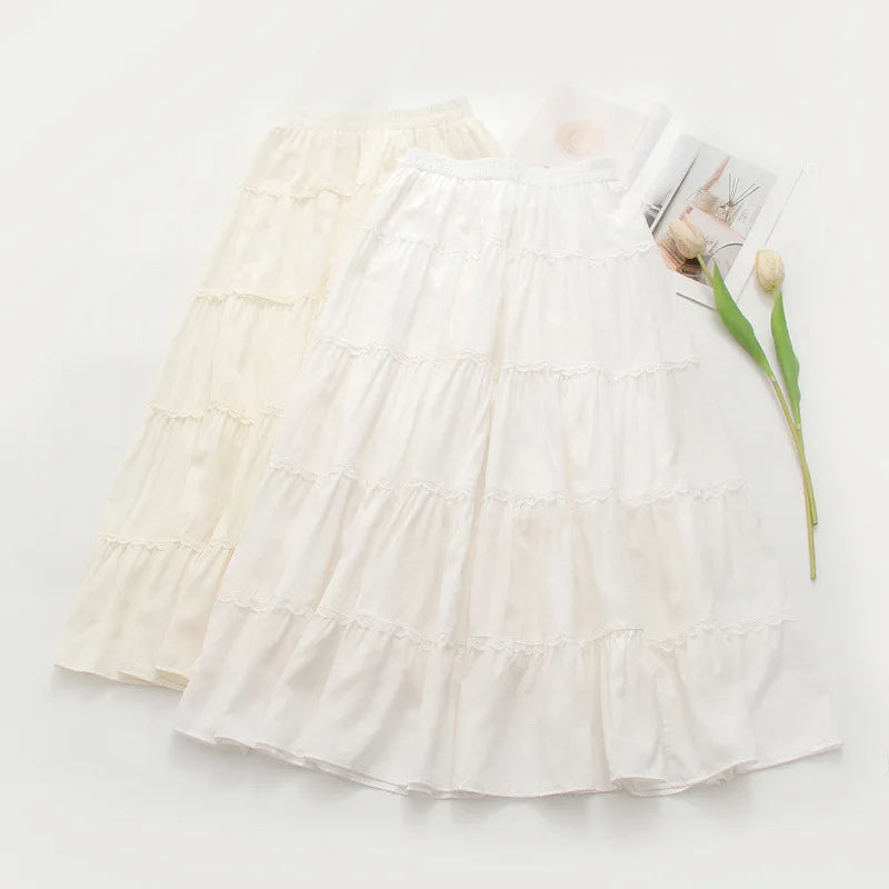 New 2026 Summer Women Cotton Skirt, Elastic Waist Ruffles Patchwork, Mori Girl Fashion Sweet OL Chic Loose Cake Skirt B63026CC