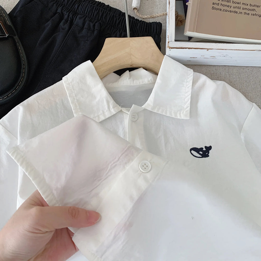 2-7Y Kids' shirts Small fish embroidery striped Boys Cardigan cotton turn-down collar Children's long sleeve shirt