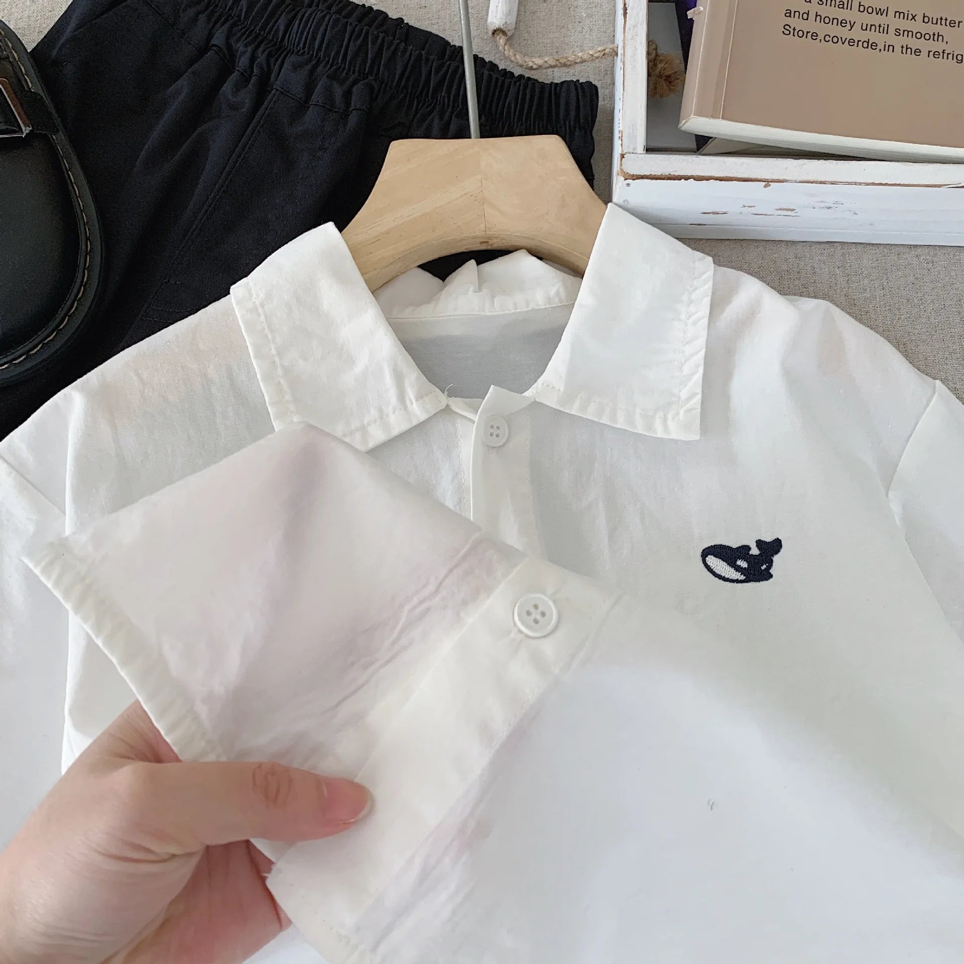 2-7Y Kids' shirts Small fish embroidery striped Boys Cardigan cotton turn-down collar Children's long sleeve shirt