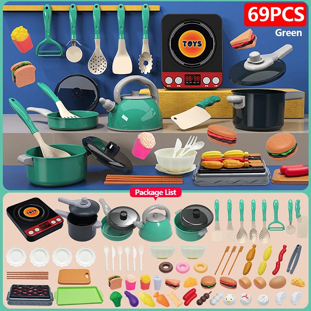 Juego de juguetes de cocina para niños de 92/69/59 piezas, kit de accesorios de cocina de juego con ollas de juego, comida de juguete de simulación, regalo para niñas y niños pequeños