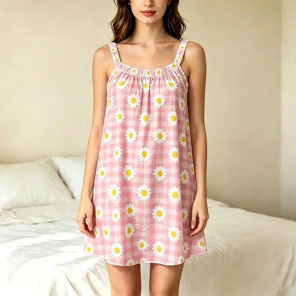 Women Summer Camisole Nightgown Sweet Daisy Plaid Print Loose Sleeveless Night Dress Soft Breathable Casual Ladies Homewear