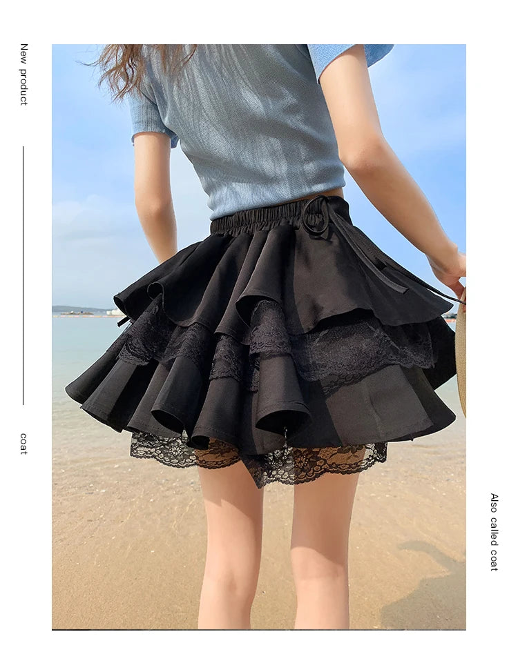 Black Patchwork Lace Short Women Cake Skirt With Lace Up High Waist Preppy Style Cute Ball Gown Kawaii Skirts Girls