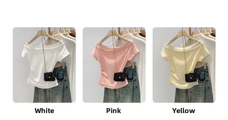 Unique Shoulder-Baring Pink Short-Sleeve T-Shirt Women's Summer New Style Korean Version Slim Fit Commute Style Cotton Material