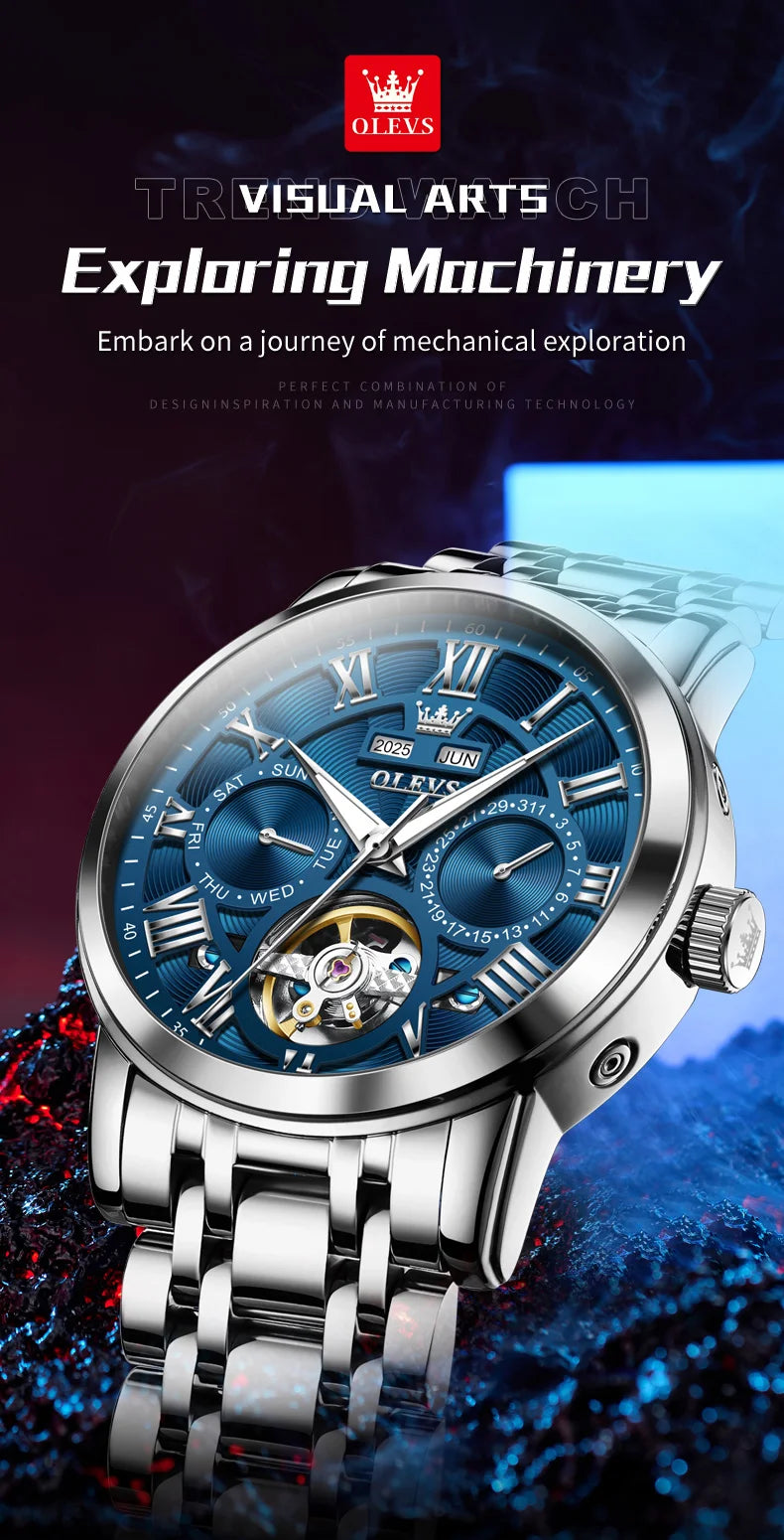 OLEVS 6668 Original Men's Watch Multifunctional Skeleton Waterproof Stainless steel Strap Business Automatic Mechanical Watches