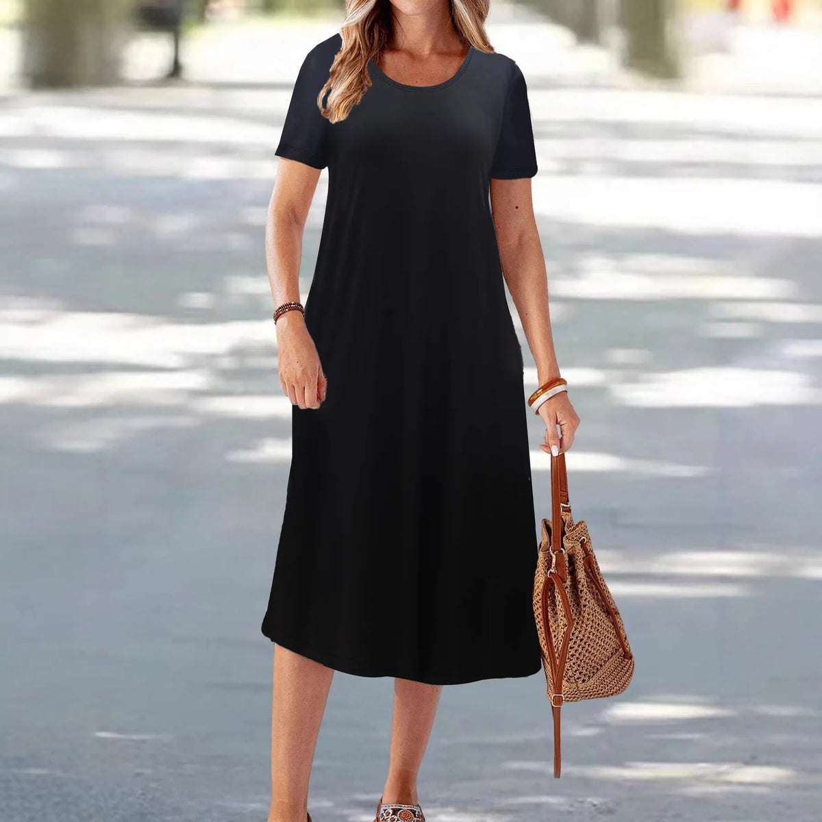 V-Neck T-Shirt Dress - Ankle-Length Short Sleeve Polyester Casual
