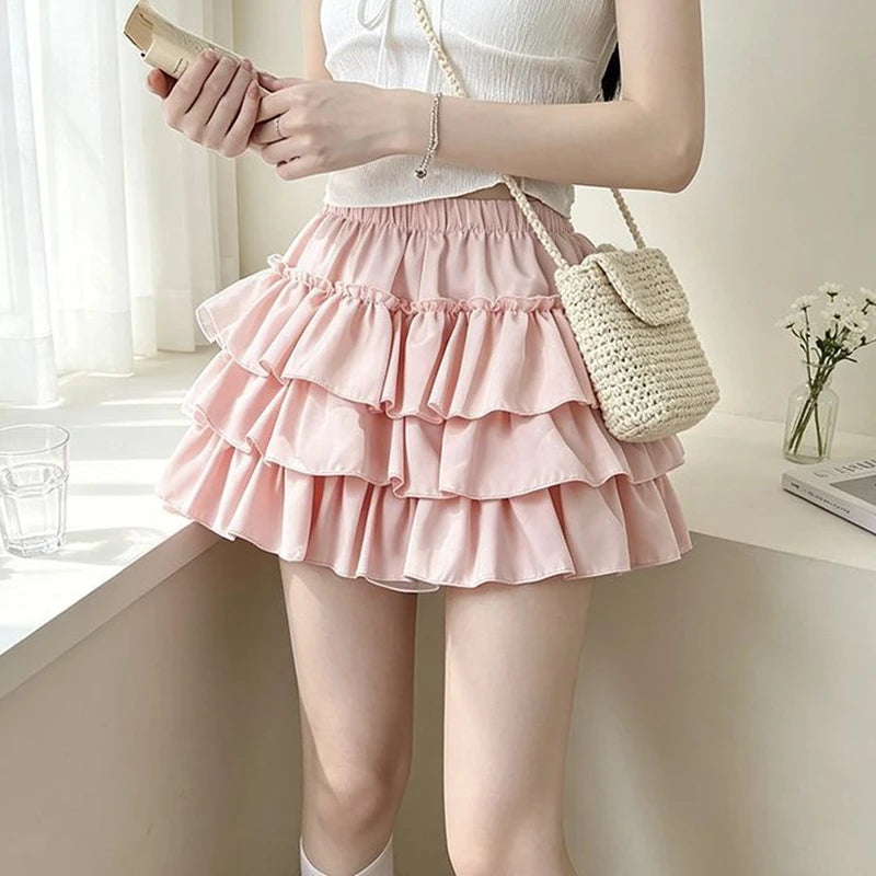 Sweet Ballet Ruffles Mini Skirt Women Ball Gown Casual Pumpkin High Waist Puffy Y2k Clothes Lolita Pleated Skirt with Shorts